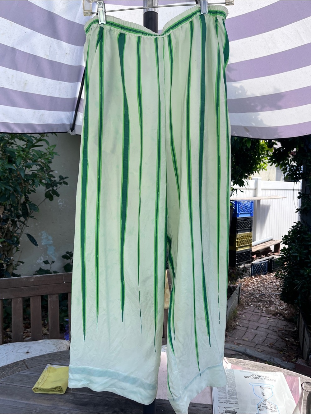 An An Londree Silk Green & white Striped palazzo Pants “M” but 32” waist